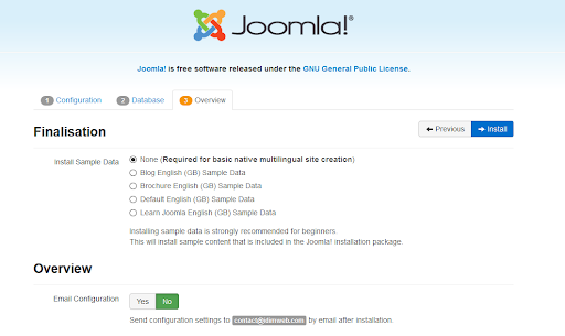Screenshot Joomla Installation option to install sample data