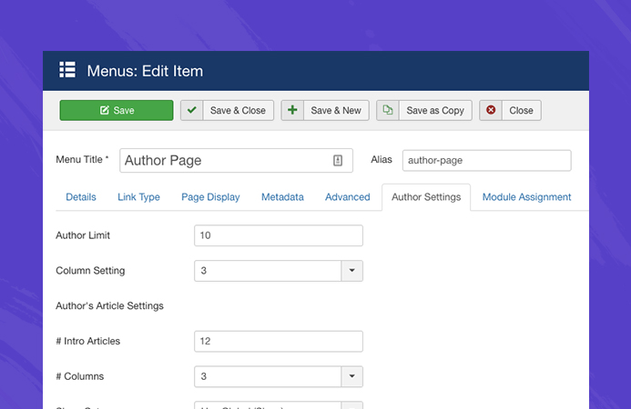 Joomla author page settings