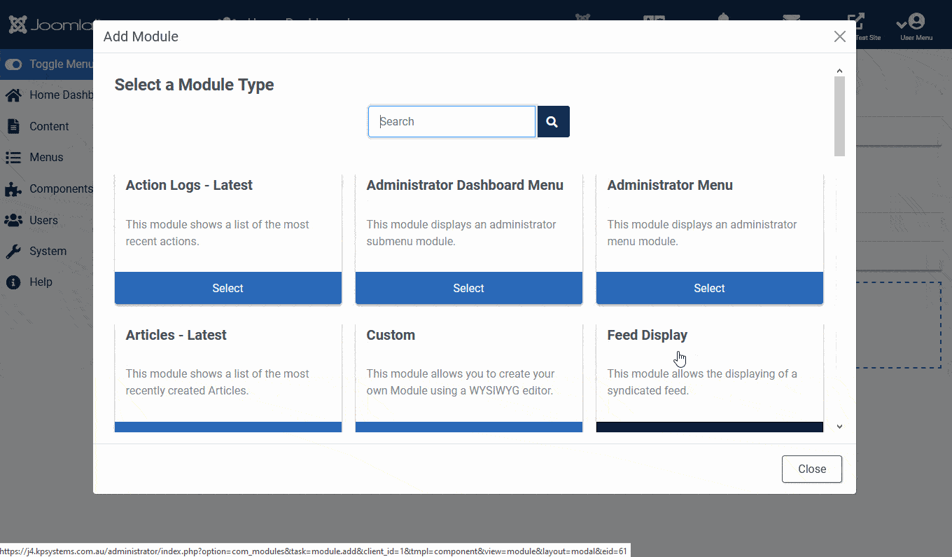 Animation showing selection of Administrator Modules available to add to your dashboard.