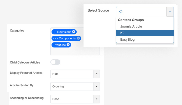 JA Content listing Joomla article display category setting